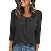 JUSTFASHIONNOW Womens 3/4 Length Sleeve Tops Crewneck Pleated T-Shirts Dressy Casual Tunic Basic Business Blouses