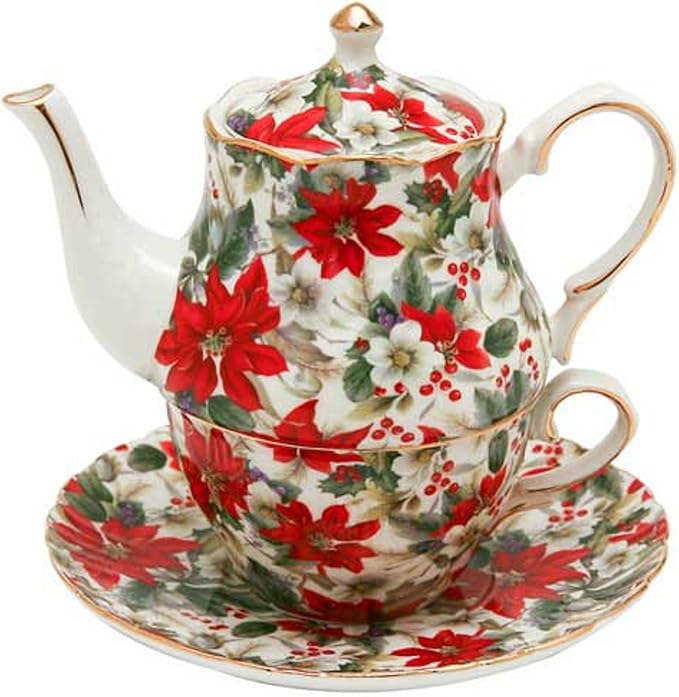 Poinsettia Design Christmas Tea for One, Teapot with Lid, Cup and Saucer TeaFor