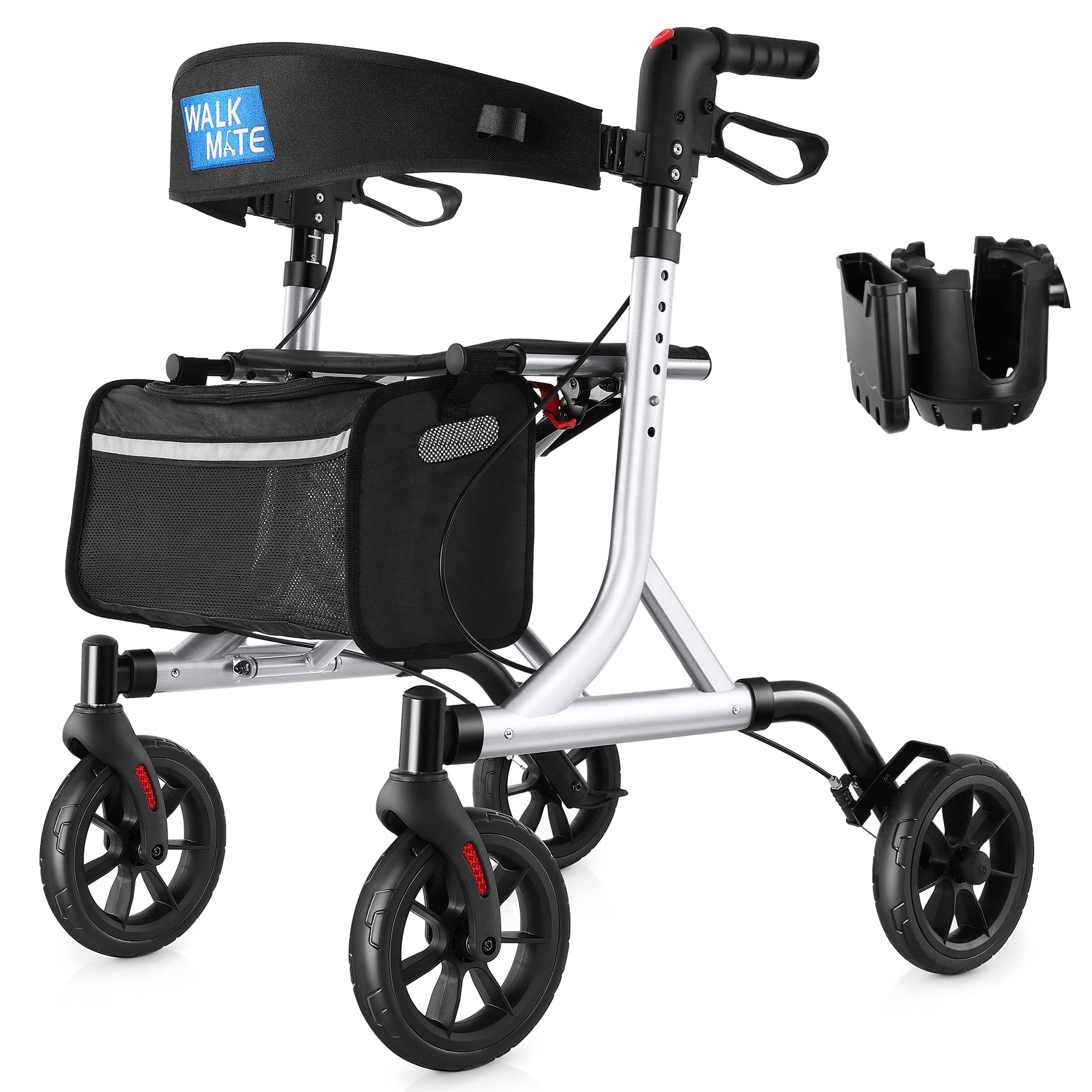 Rollator Walker for Seniors with Cup Holder, Upgraded Thumb Press Button for Height Adjustment, 4 x 8 Wheels Walker with Seat Padded Backrest Folding Lightweight Walking Aid, Silver