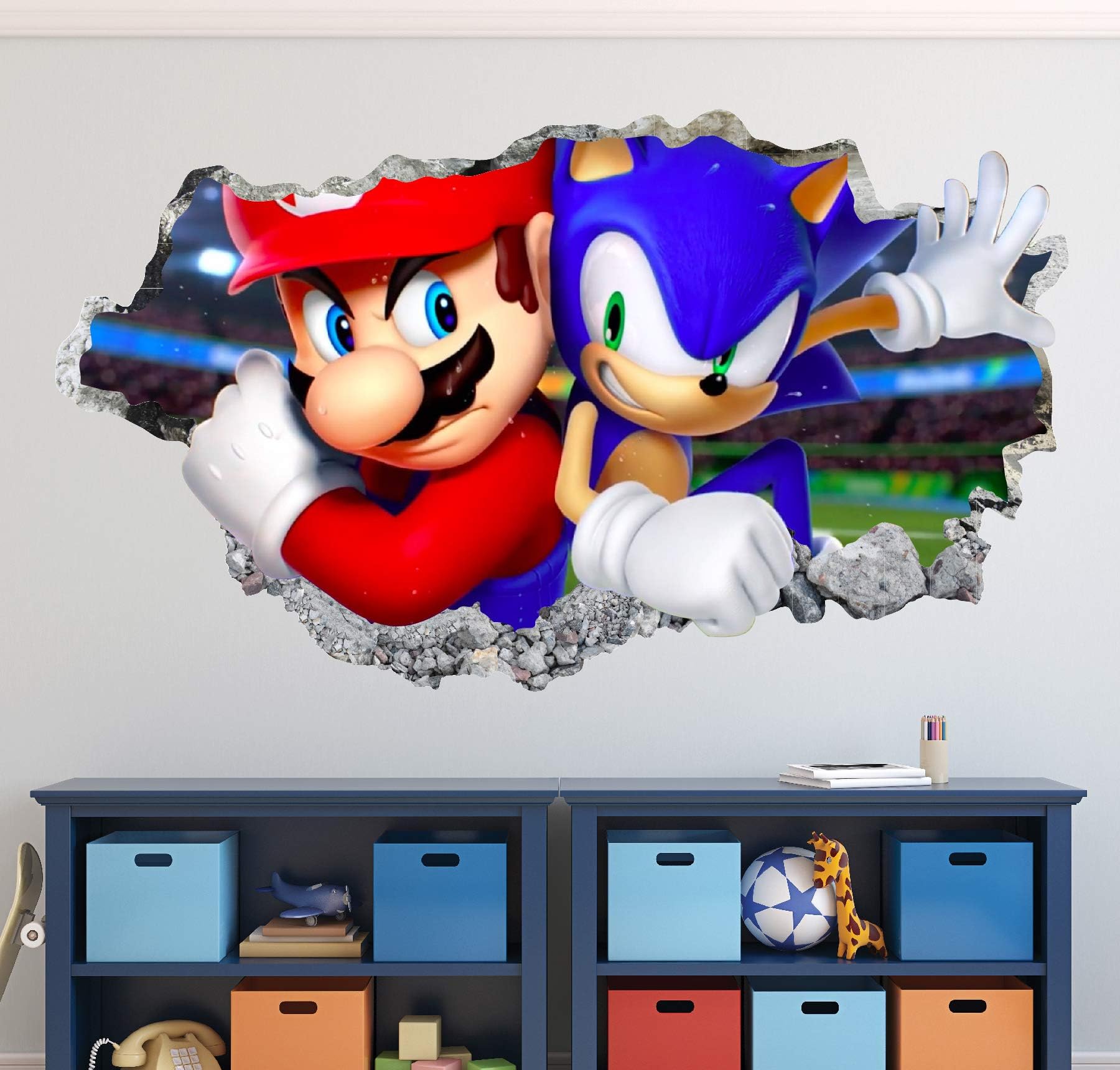 Sonic and Mario Bros Wall Decal Art Decor 3D The Hedgehog Smashed Sticker Kids Mural Poster Gift Custom HA24 (22" W x 14" H)