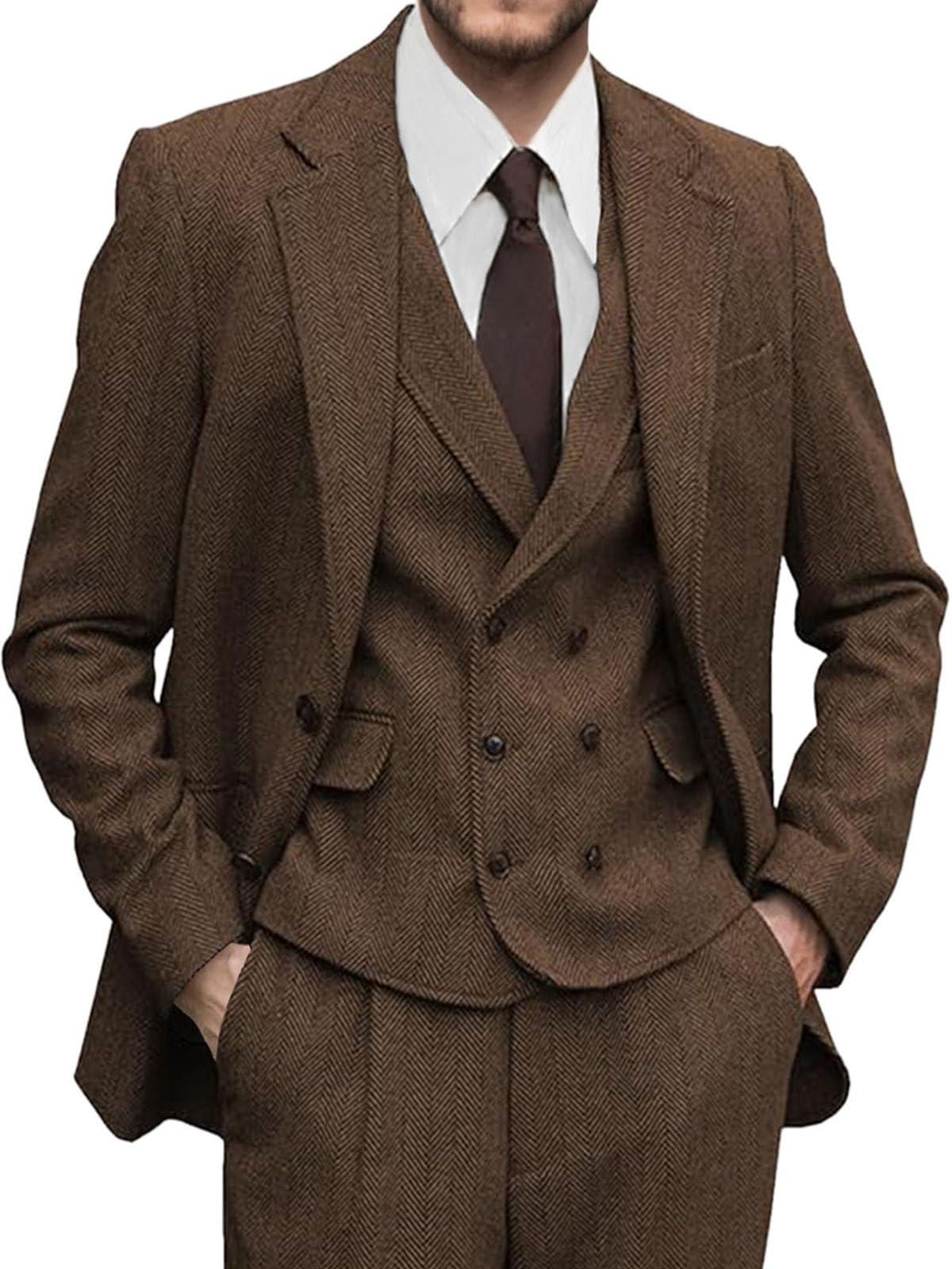 Photo 1 of Lipoon Men's 3 Pieces Suit Retro Slim Fit Suit Wool Tweed Herringbone Business Formal Suit Wedding Party Tuxedos-Brown,Medium