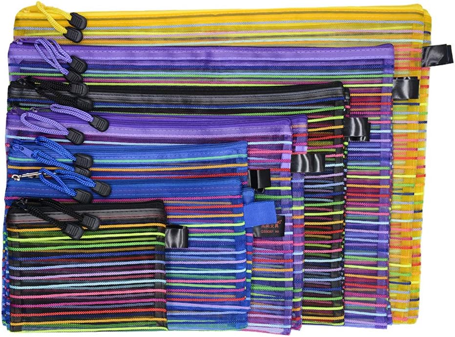 14Pcs Zipper Files Document Storage Bags Pouches Mesh Tickets Cards Wallet Paper Organizer Case for Cosmetics, Travel Accessories, School Office Stationary Homework (Rainbow)