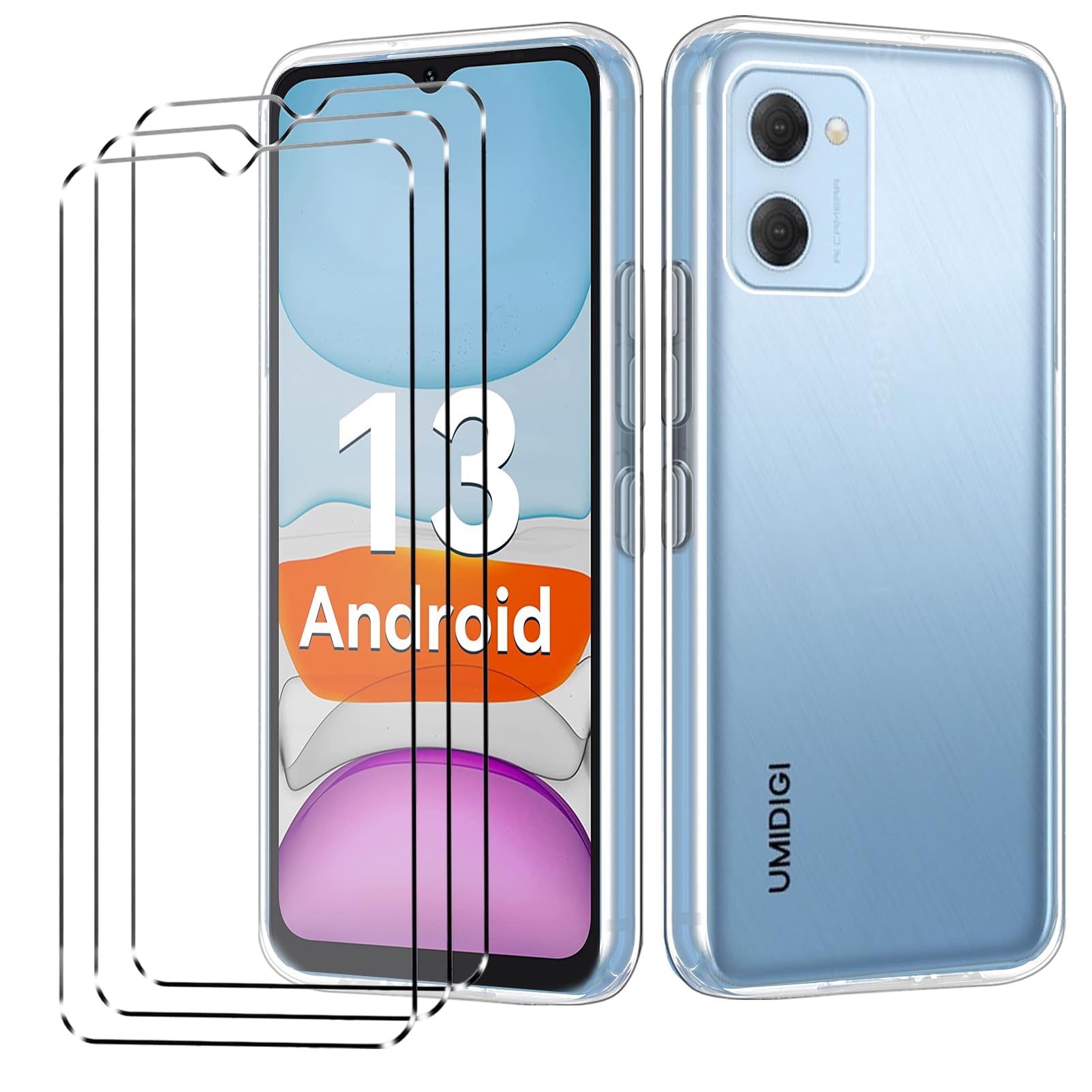 [4 in 1] Case Compatible with UMIDIGI G2 Cover with 3 Pack Tempered Glass Screen Protector for UMIDIGI G2, Slim Fit Soft TPU Shockproof Anti-Scratch Phone Case Cover - Black