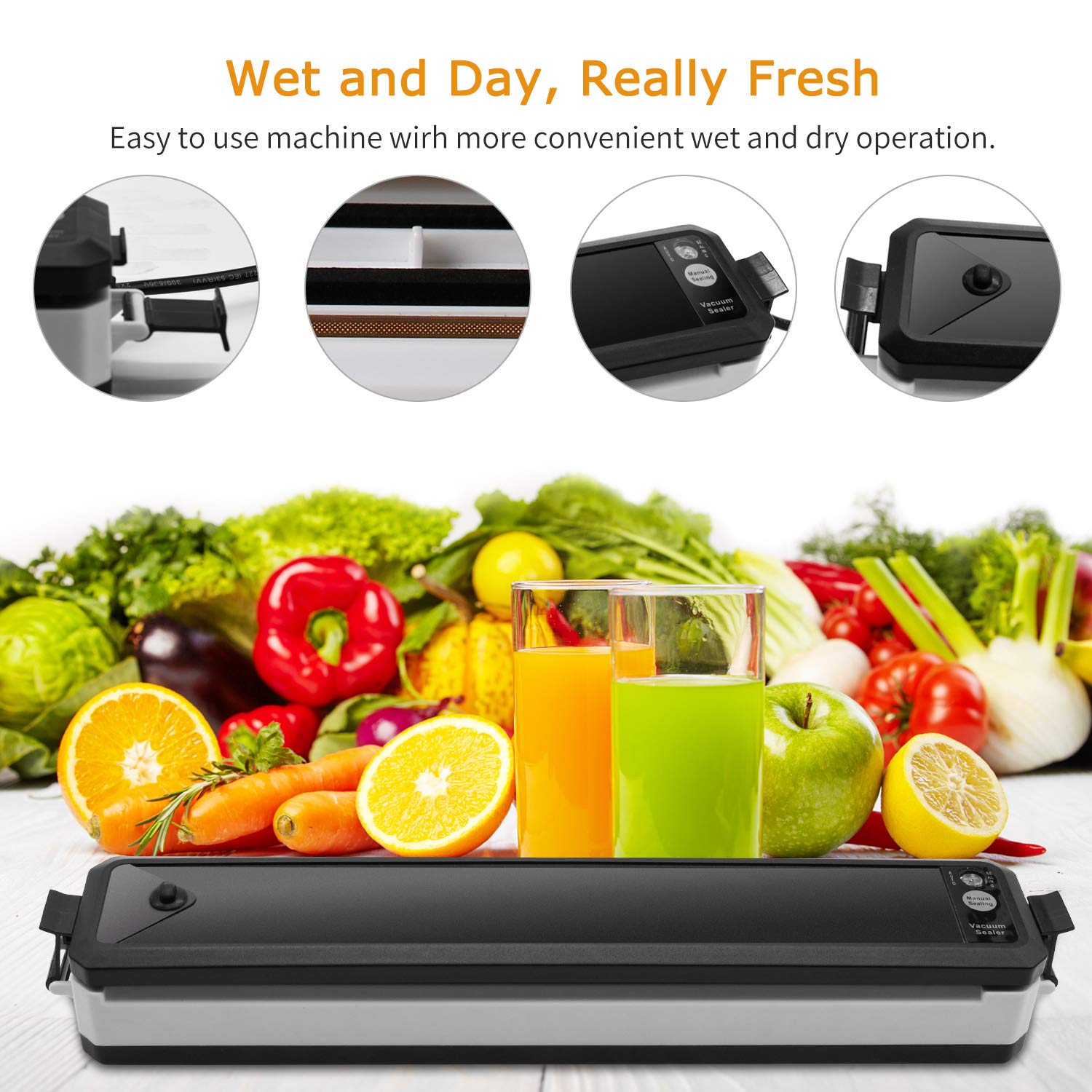 Vacuum Sealer, Sunvito Electric Automatic Food Sealer Machine with Premium Seal Bags for Meat, Eggs, Vegetables, Fruit Storage, Black