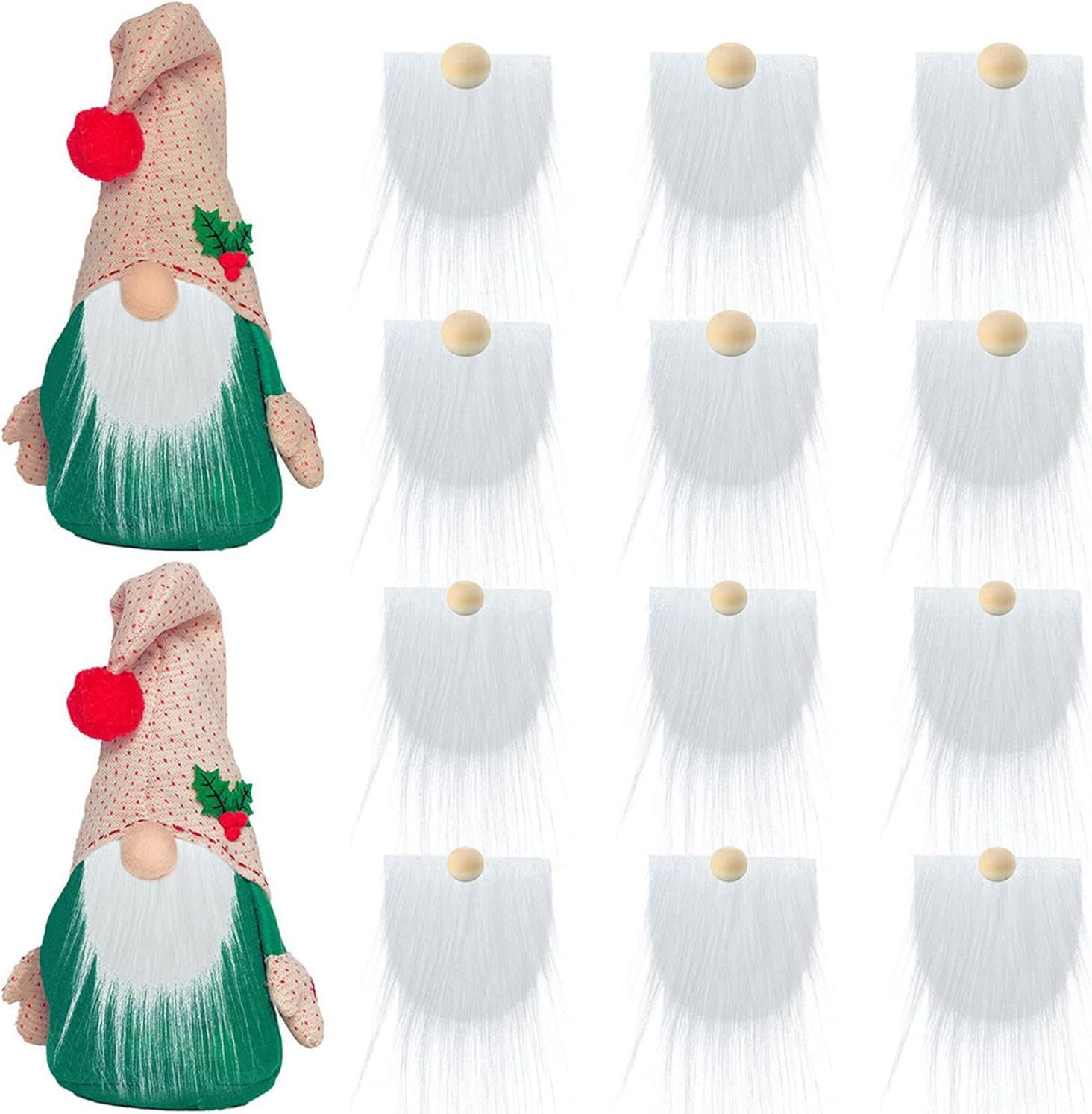 JIEOU Christmas Gnome Beard, 12 Pieces Precut Faux Fur Gnome Beard with Round Wooden Balls, Handmade DIY Crafts Dcoration Supplies (White)