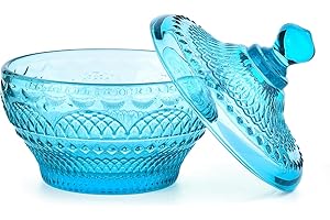 Sungmor Vintage Embossed Glass Candy Storage Jars w/Lid, Decorative Colorful Crystal Candy Dishes Blue Cookie Container, Pret