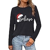 Merry Christmas Shirts for Women Funny T-Shirts for Women Crew Neck Xmas Long Sleeve Multiple Graphic Tee Tops