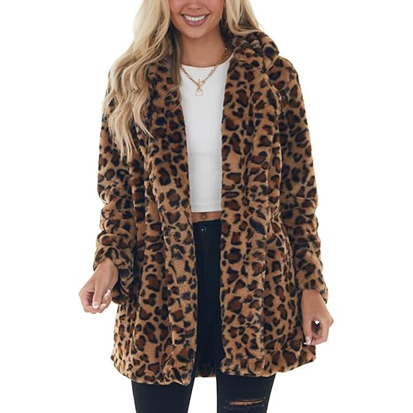 Sexyshine Women's Leopard Print Faux Fur Coat Winter Fall Lapel