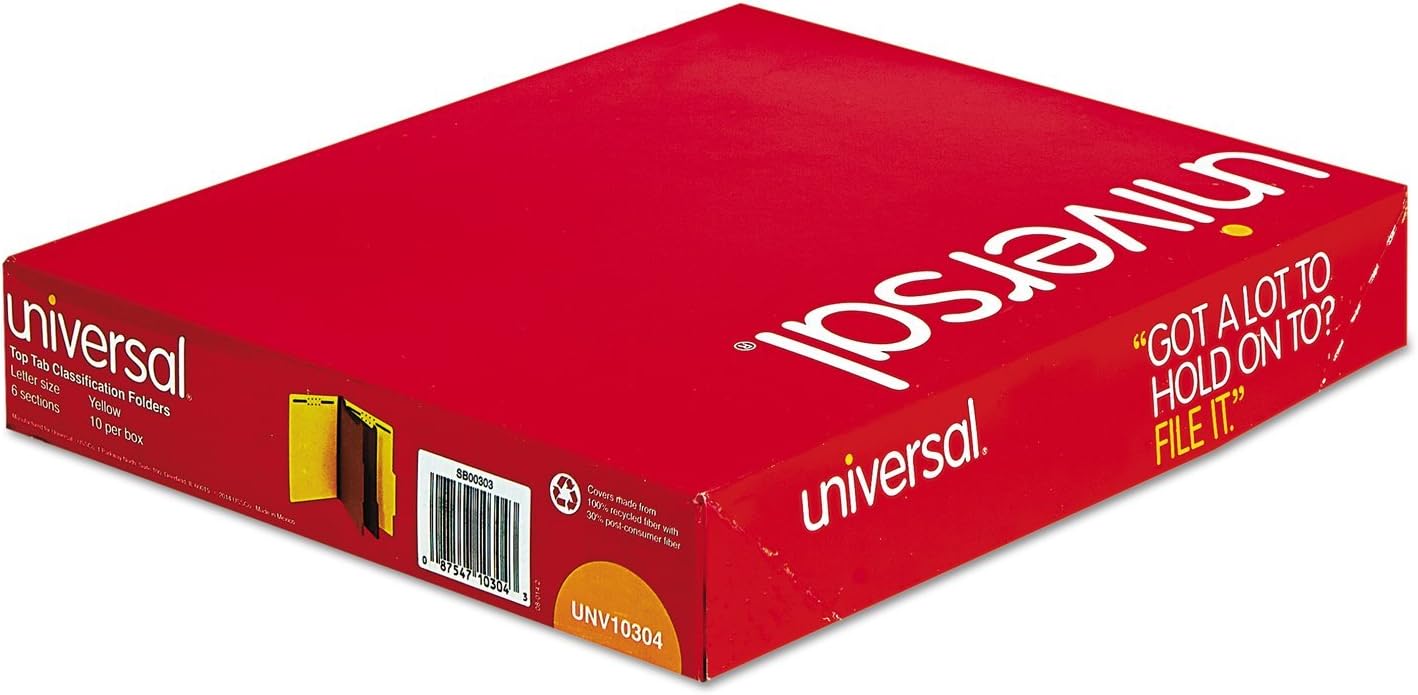 Universal Pressboard Classification Folders, Letter, Six-Section, Yellow, 10/Box (10304) : Top Tab Classification Folders : Office Products