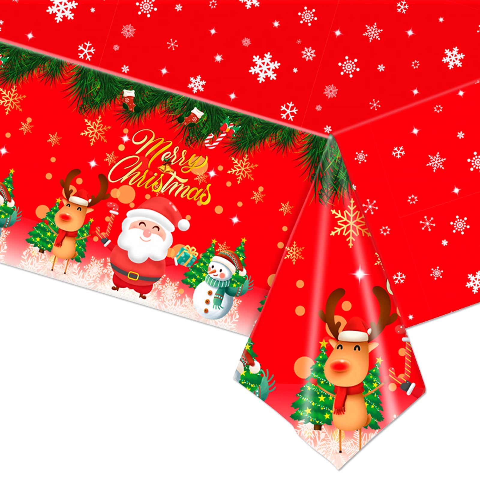 iwiio Christmas Table Cloth, Christmas Holiday Santa Snowman Reindeer Disposable Plastic Tablecloth, Wipe Clean Christmas Tablecloth for Christmas Table Decor Winter Party Table Decor