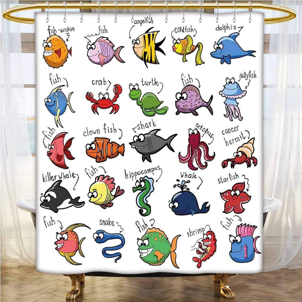 Nautical Decor for Kids Custom Shower Curtain Aquarium Cartoon Octopus Dolphin Shark Whale Clown Fish Jellyfish Crab Marine Fabric Shower Curtain 72x84 INCH