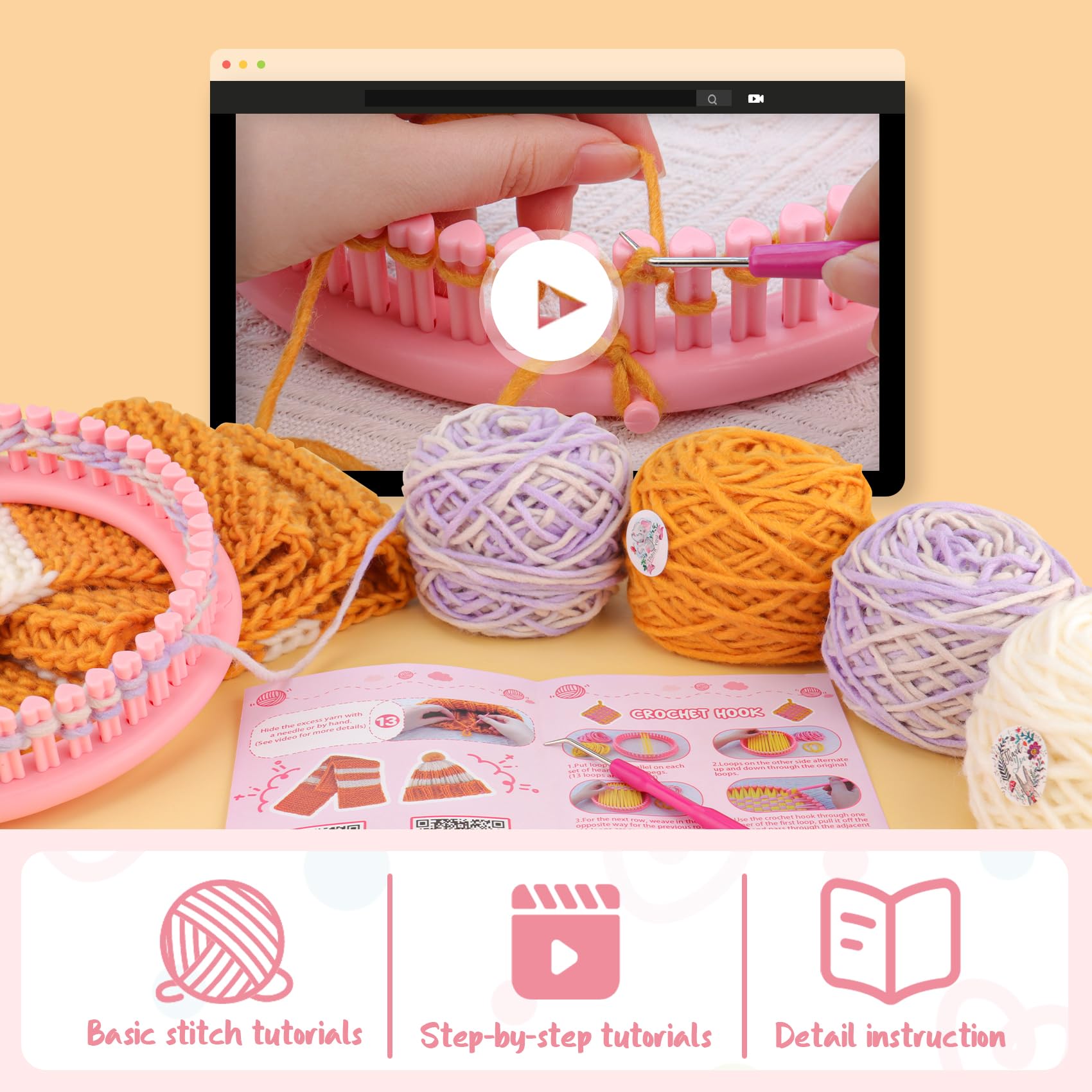 AHCo. Knitting Loom Kit for Beginners, Creative Craft Toy for Girls Ages 7 8 9 10 11 12 with Storage Bags Yarns Knitting Tools, Fantastic DIY Gifts Knit Hat Scarf Coaster (Pink)