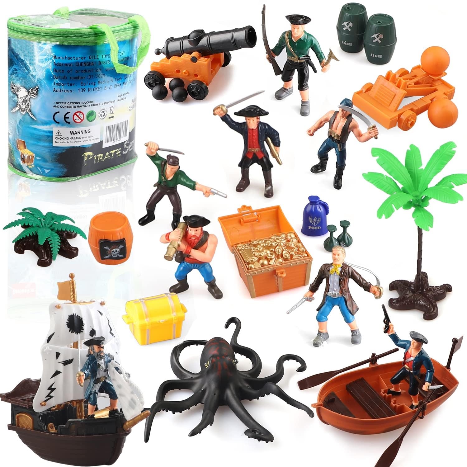 Boderam Kids Pirate Action Figures Play Set with Bucket,Pirate Toys with Boat Treasure Chest Cannons Octopus Ship and Other Accessories Educational Pirate Game for Boys Girls 3 4 5 6 7 8 Year Old