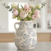 Ceramic Vase Vintage Flower Vase, Blue and White Chinoiserie Floral Decorative Vase, Rustic Retro Large Farmhouse Crackle Finish Vases with Handle for Flowers Home Decor Living Room, Blue-02, 8.1”