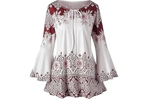 BOWAKE Women Embroidered Plus Size Tops Tunic Drawstring Shirt Casual Loose Retro Blouse Bohemian Keyhole Clothes 2024