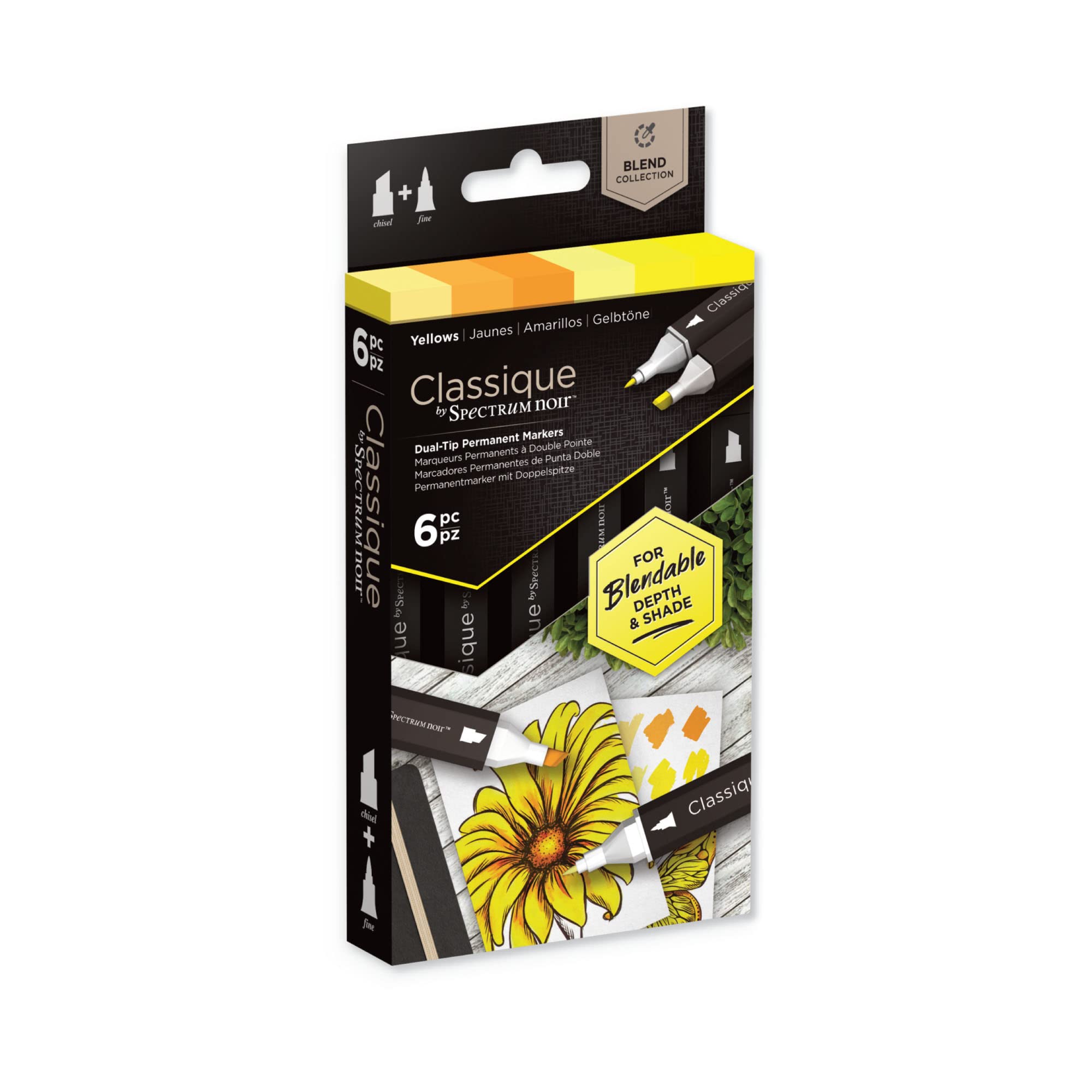 Crafter's Companion Spectrum Noir Classique Blend Twin Tip Blendable Alcohol Based Marker Set with Japanese Nibs-Pack of 6-Perfect for Colouring, Drawing & Illustration (Yellow Pack), One Size