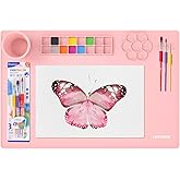 LRFORMB Silicone Painting Mat for Table Protection, 23.6 x 15.8in Drawing Mat with Nylon Brushes for Children, Art Mats with Cleaning Cup, Paint Palette, Clay Craft Mats for DIY (Pink)