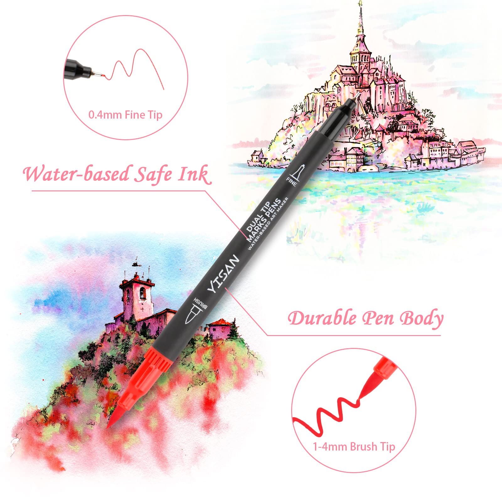 YISAN Fine Tip Markers for Adult Coloring,Drawing Art Pens, Brush Tip Artist Fine Point Colored Journal Pens,70771