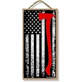 Honey Dew Gifts Firefighter Patriotic Signs, Thin Axe Red Line American Flag 5 inch by 10 inch Hanging Wall Art, Decorative Wood Sign, American Flag Wall Decor, 75844