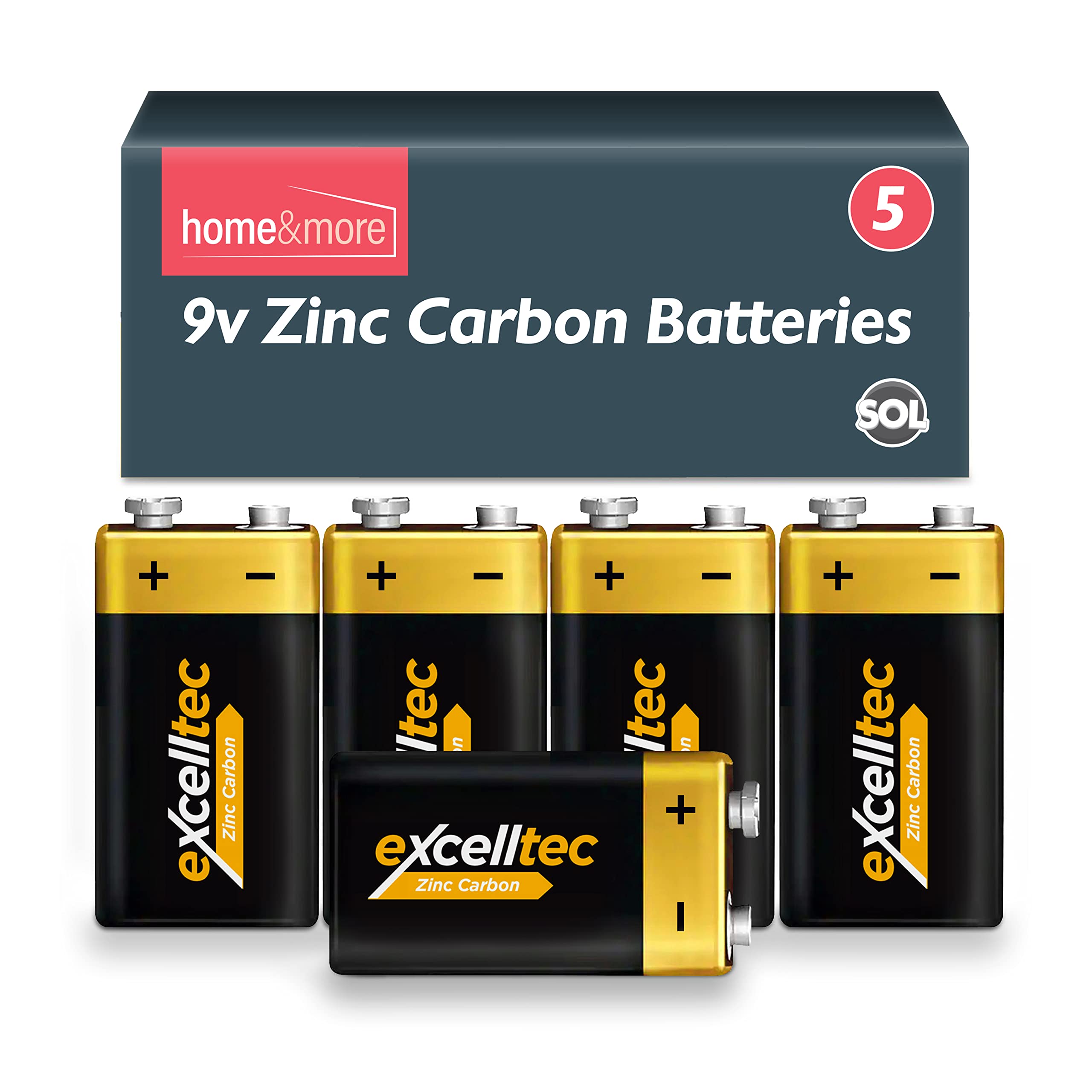 Excelltec 5pk 9V Zinc Carbon Batteries, Heavy Duty PP3 9V Battery, Long-Lasting Power, Reliable Performance, Ideal for Smoke Alarms, Toys, Remote Controls, Clocks, Small Electronics, and Everyday Use