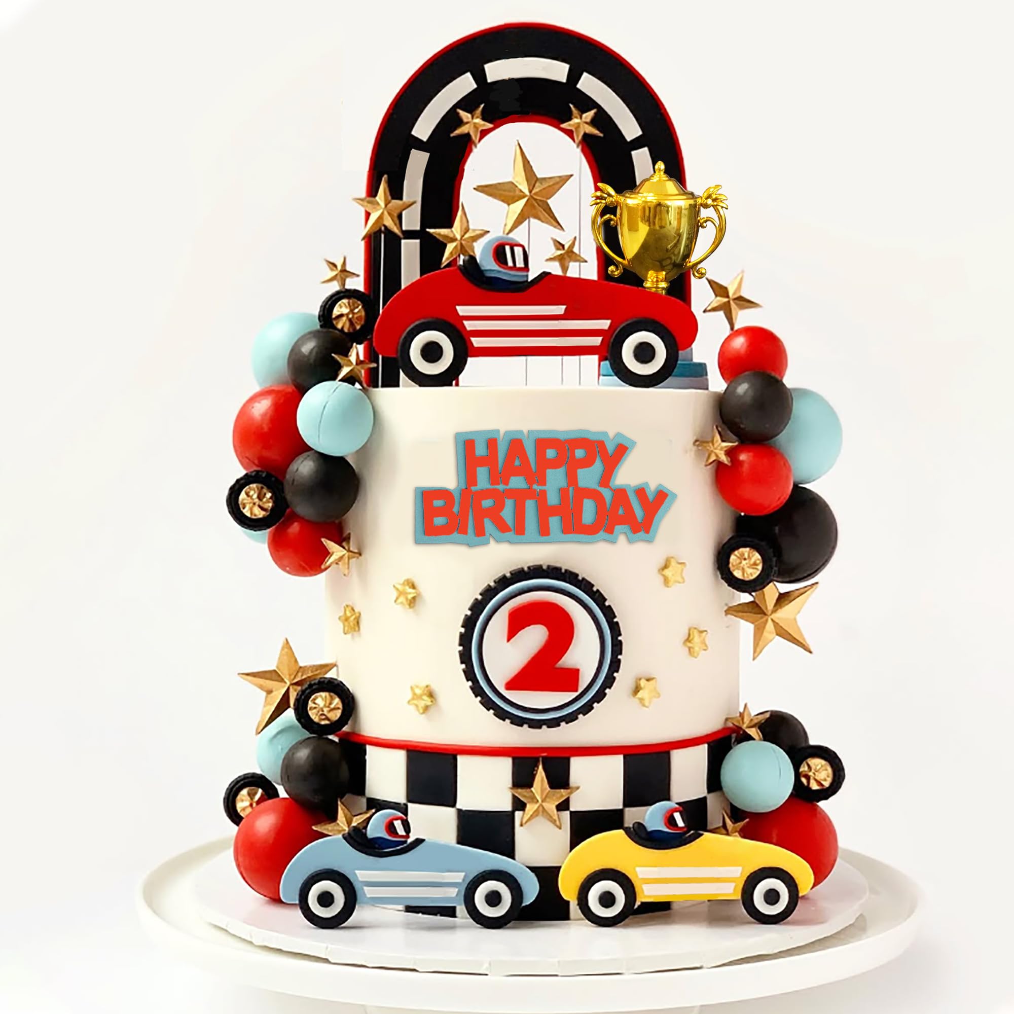 Photo 1 of Racing Cake Toppers with Black Red Blue Balls Trophy Stars for Racing Birthday Party Decorations Supplies