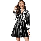 Allegra K Women's PU Faux Leather Houndstooth Patchwork Zipper Up Club Party A-Line Dress