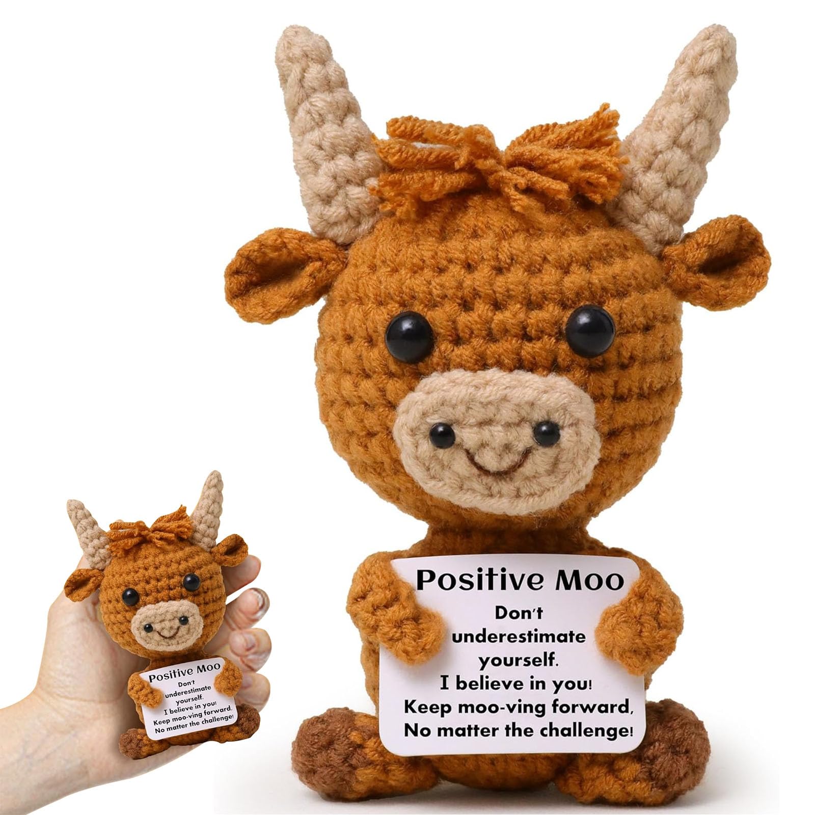 SINJAETRQ Mini Highland Cow Toy, Handmade Positive Crochet Highland Cow Teddy with Inspirational Card, Emotional Support Gifts for Friends, Women, Colleagues