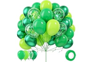 Adoinby Green Balloons - 80 Pcs, 12 Inch Different Shades Lime Green, Chrome Metallic, Latex Balloons with Confetti for Jungle Safari, Forest Themed Birthday Party Decoration