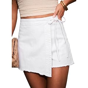 Sidefeel Womens Jean Skirt High Waisted Asymmetrical Wrap Denim Mini Skort | Built-In Shorts with Side Tie, Discreet Button,