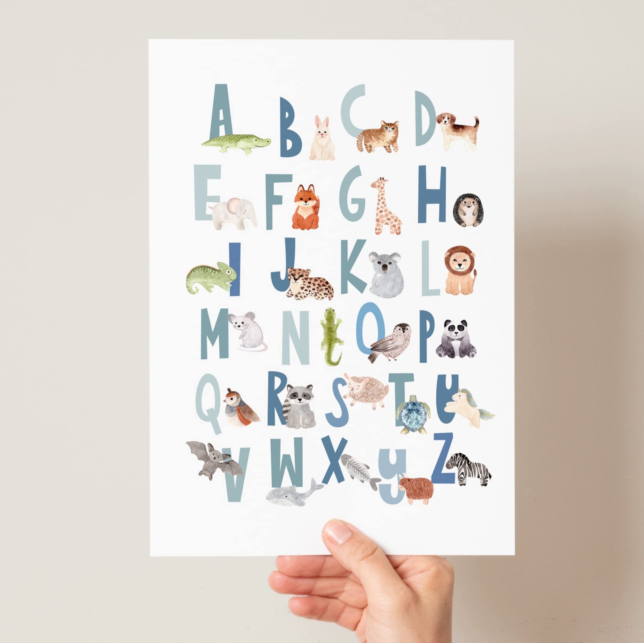 Scandi Animal Alphabet, Children's Educational Print, Boho Animal Alphabet Poster, Peg Animal Alphabet, Woodland SAFARI animal Alphabet (A3, Blues)