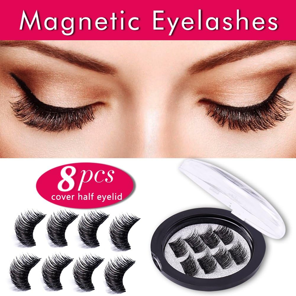 Premium False Magnetic Eyelashes 8 Pieces Fake Eyelashes 3D Reusable 0.2mm Ultra Thin Magnetic Eyelashes Set Perfect for Deep Eyes & Round Eyes (8 pieces)