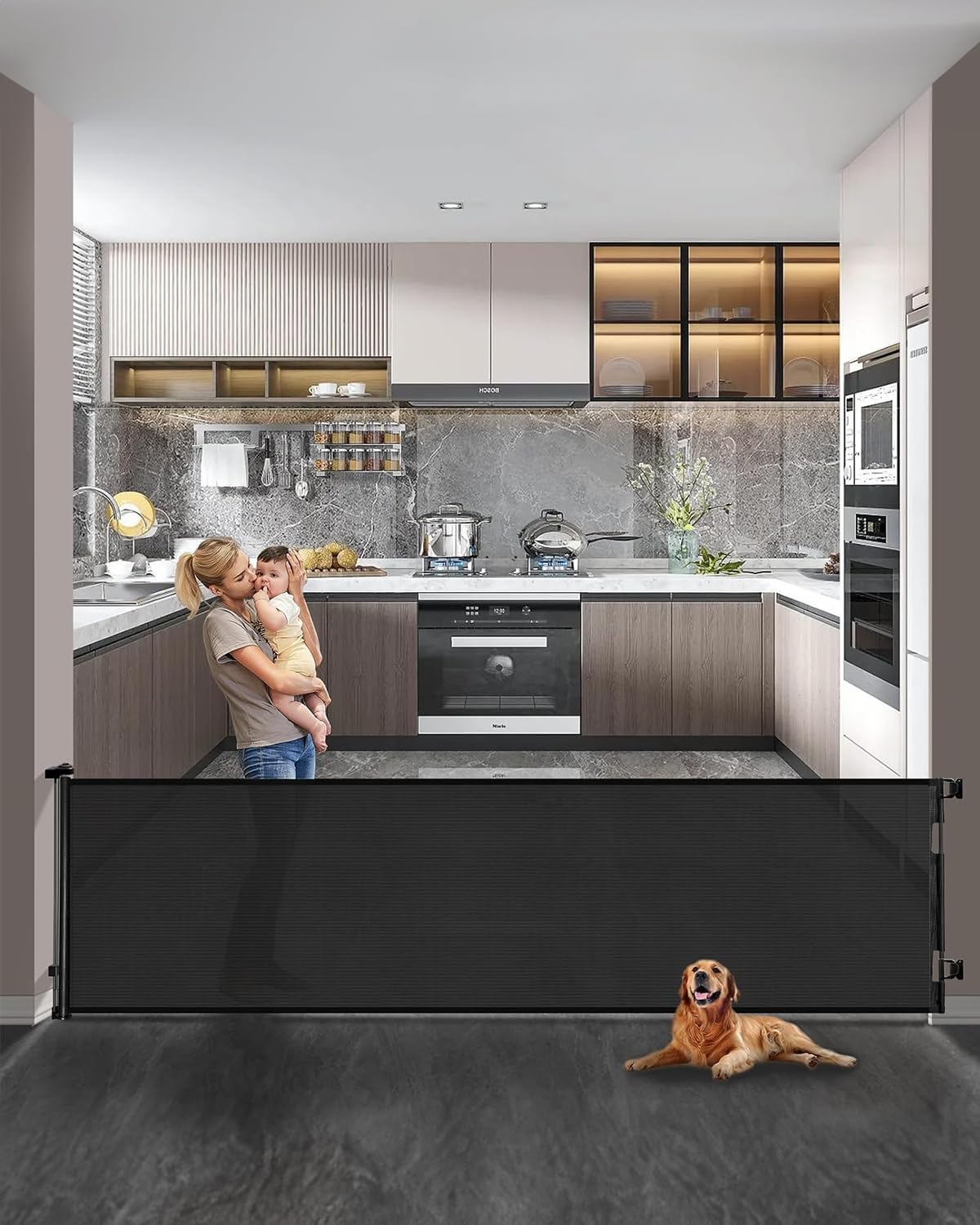 Photo 1 of Veraste Retractable Baby Gate,Mesh Baby Extra Wide Gate,Extra Long Dog Gate,33" Tall,Large Extends up to 150" Wide,Child Safety Extra Large Gate for Doorways, Stairs, Indoor/Outdoor?Black,33"x150"?