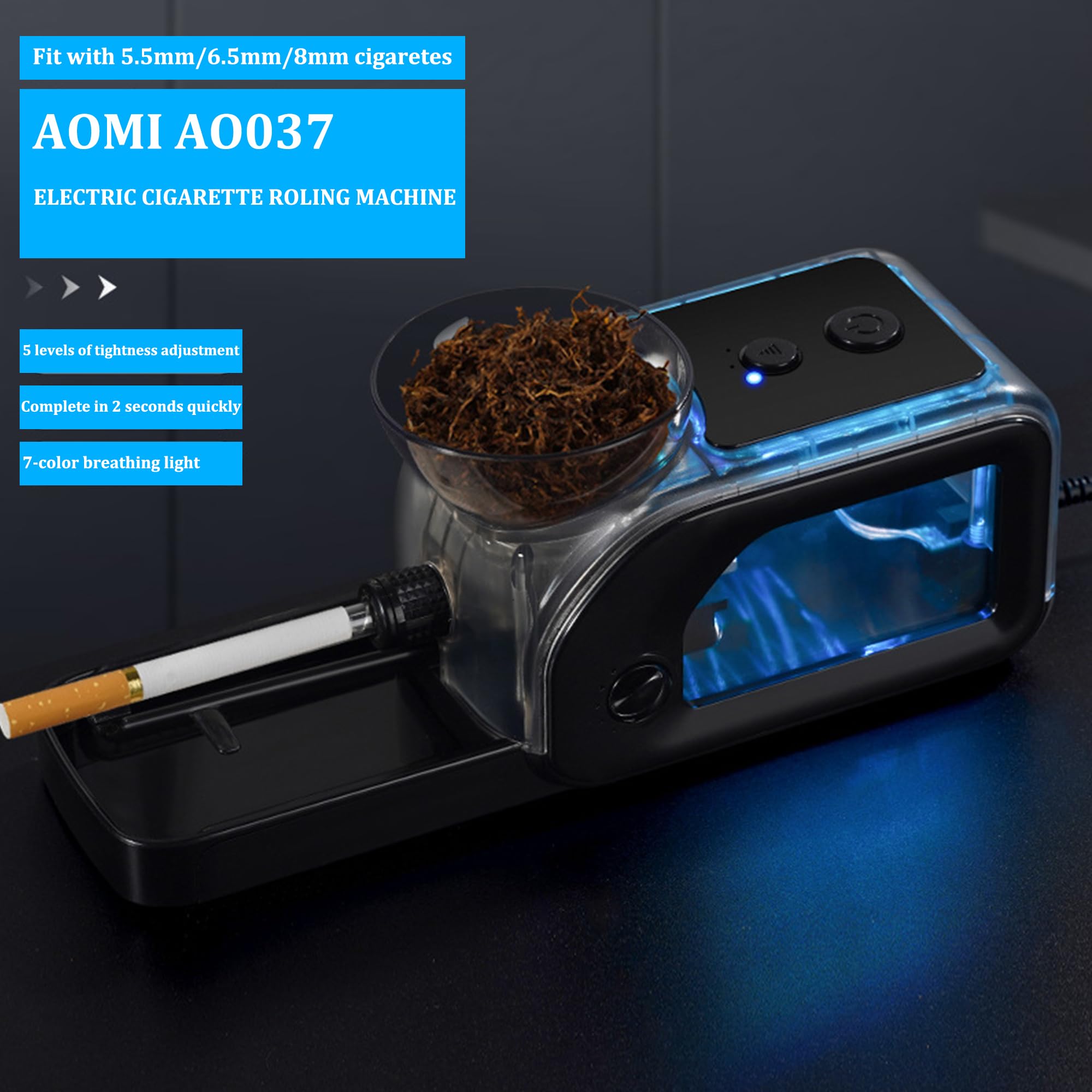 Electric Tobacco Cigarette Rolling Machine, Portable Cone Loader Injector Machine, Multi-Color Pulsating Light Black Adjustable Roller for Cigarette Fit 5.5/6.5/8mm & Pre Rolled Cones for King Size