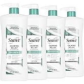 Suave Calming Relief Hand & Body Lotion for Women With Prebiotics For Sensitive Skin, Fragrance & Allergen Free, Helps Restore Skin's Moisture Barrier, 28 FL OZ Pump, 4 Pack