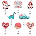 Whaline 8Pcs Valentine's Day Felt Badge Reels Gnome Animal Heart Truck Retractable Badge Holder with Swivel Alligator Clip Green Pink Embroidered Cute Name ID Badge Reels for Nurse Office Worker
