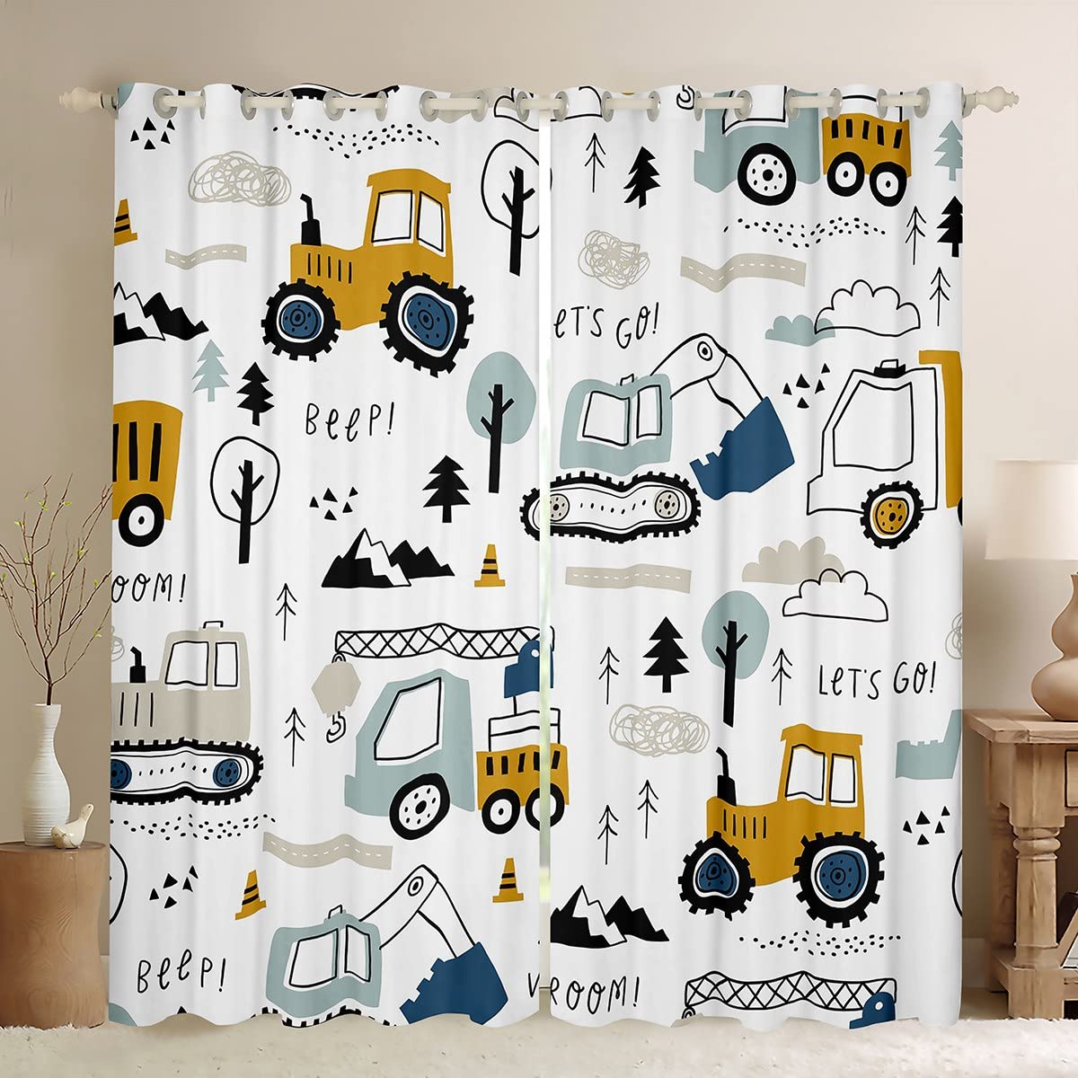 Loussiesd Cartoon Car Kids Curtains for Bedroom Living Room Construction Darkening Dreapes Equipment