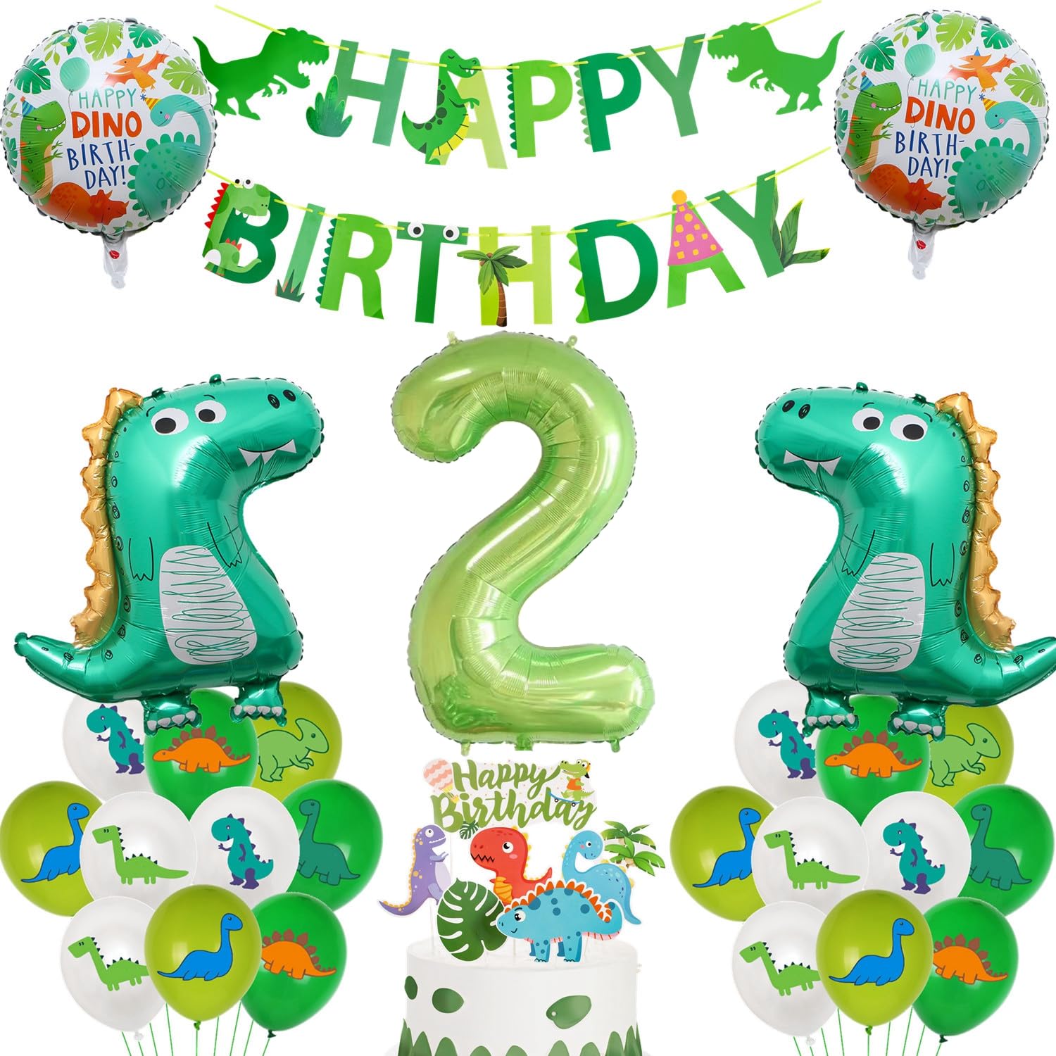 Haosell Large Dinosaur Balloon 2 Year Children's Birthday Decoration Boys Green Dinosaur Balloon - 1x XXL Dinosaur Balloon + Number 2 Balloon + 1 Star Balloon + 4 x Dino Balloons 9th Birthday Deco
