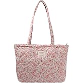 MSGHER Floral Quilted Tote Bag with Zipper Lightweight Reusable for Women Cotton Shoulder Bag for Travel Shopping Daily Use