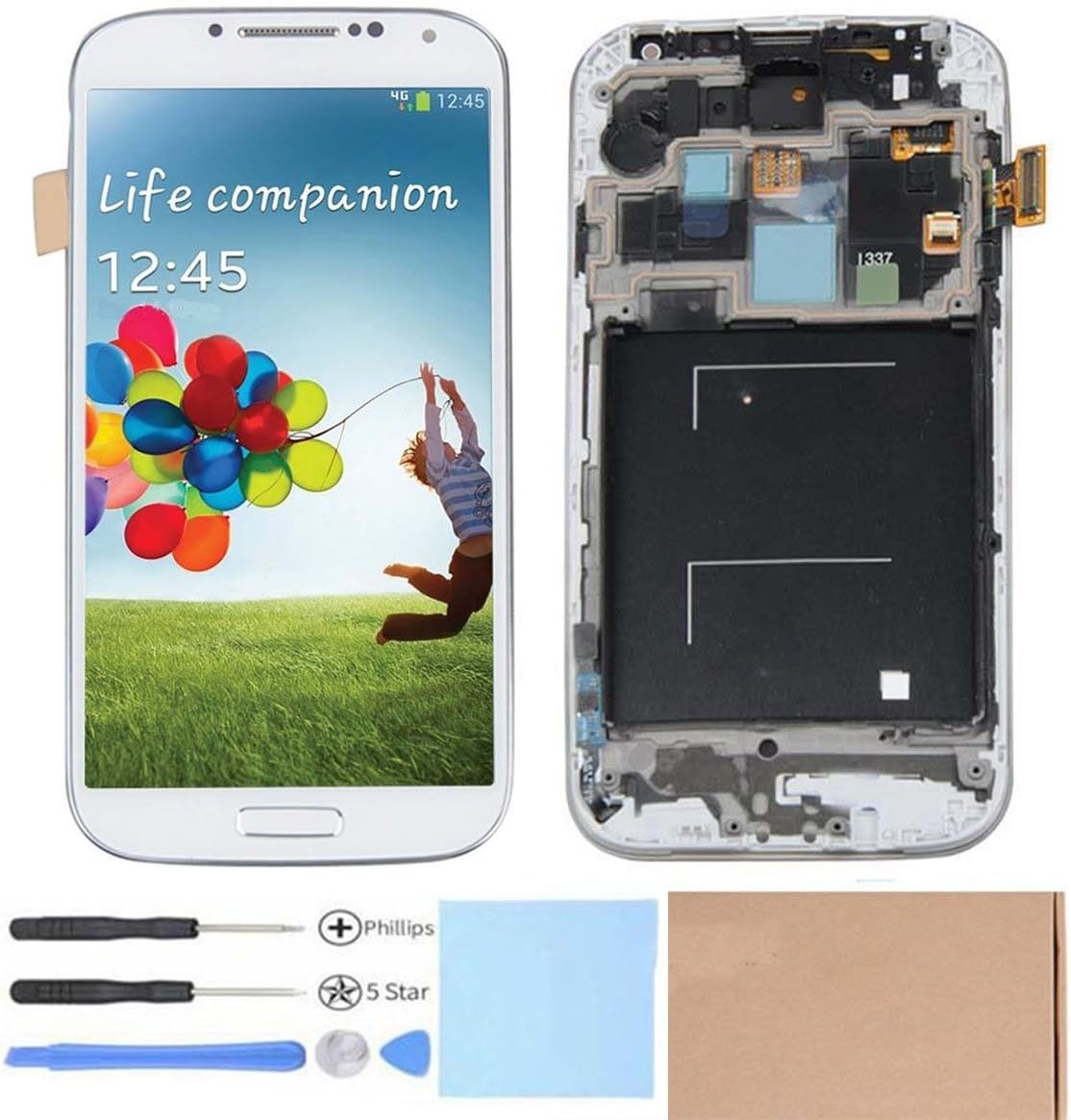 ReplaceDIY Samsung Galaxy S4 I337 TMobile M919 LCD Display Touch Screen Digitizer Assembly Middle Frame Home Button Repair Tools with Samsung Logo, White