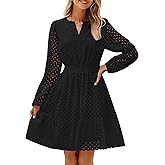 ZESICA Women's 2026 Long Sleeve Mini Dress Fall V Neck Hollow Out Eyelet Embroidery Ruffle A Line Swing Short Dresses