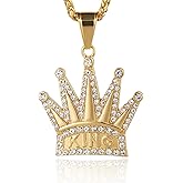 HZMAN 18k Gold Plated Cz Inlay King Crown Stainless Steel Pendant Necklace Success and Protection Lucky (Gold)