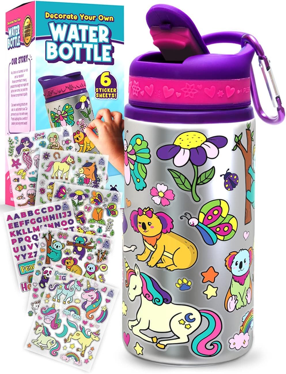 PURPLE LADYBUG Decorate Your Own Water Bottle for Kids Age 4+ โ BPA-Free, Personalised Water Bottle with Waterproof Stickers โ Perfect for School, Birthday Presents for Girls (590ml)