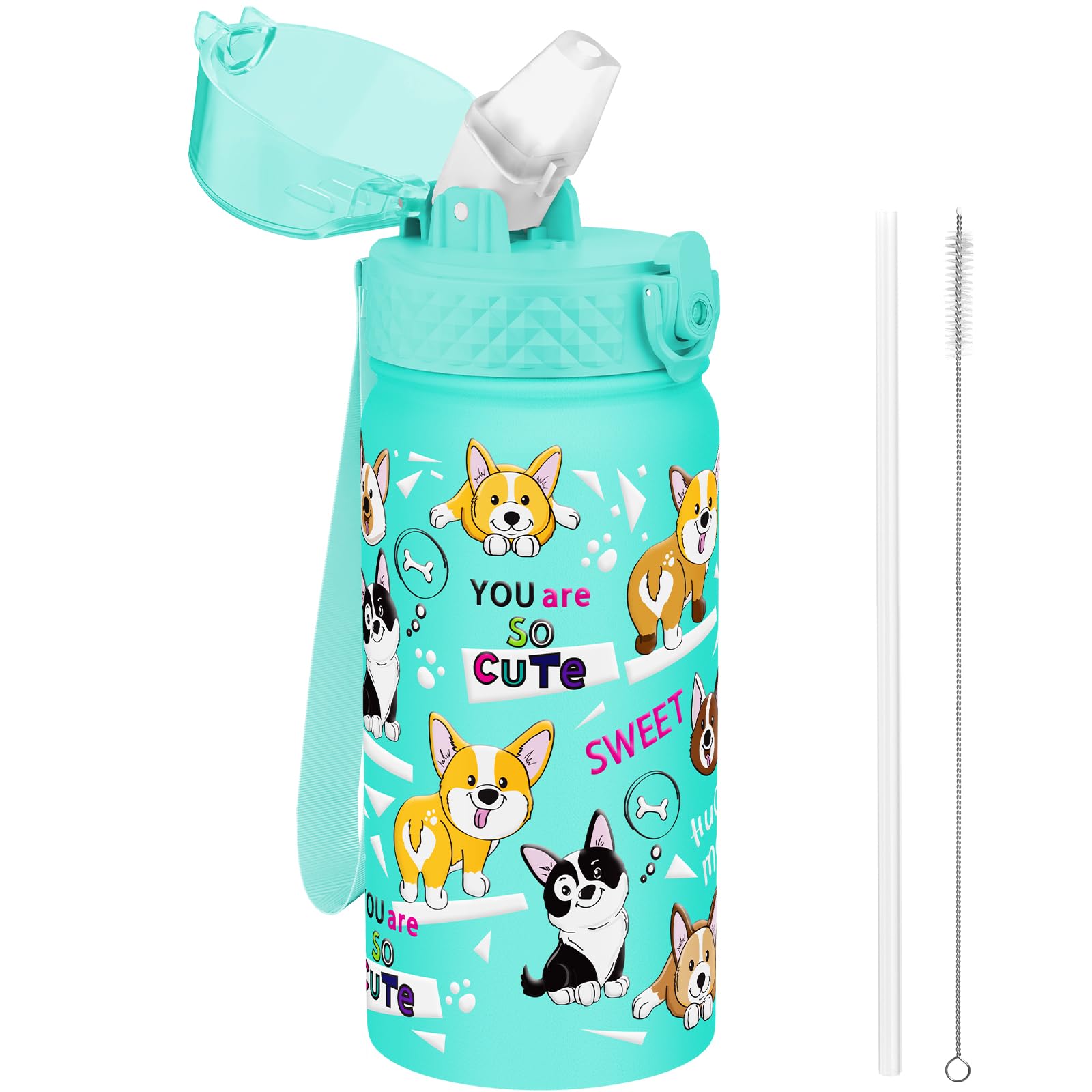 GOPPUS 420ml/14oz Kids Insulated Water Bottle with Straw Cute Double Wall Stainless Steel Child's Small Flask Vacuum Insulated Steel Metal Leak Proof Drink Flask Boys Toddler Girls Bottles BPA-Free