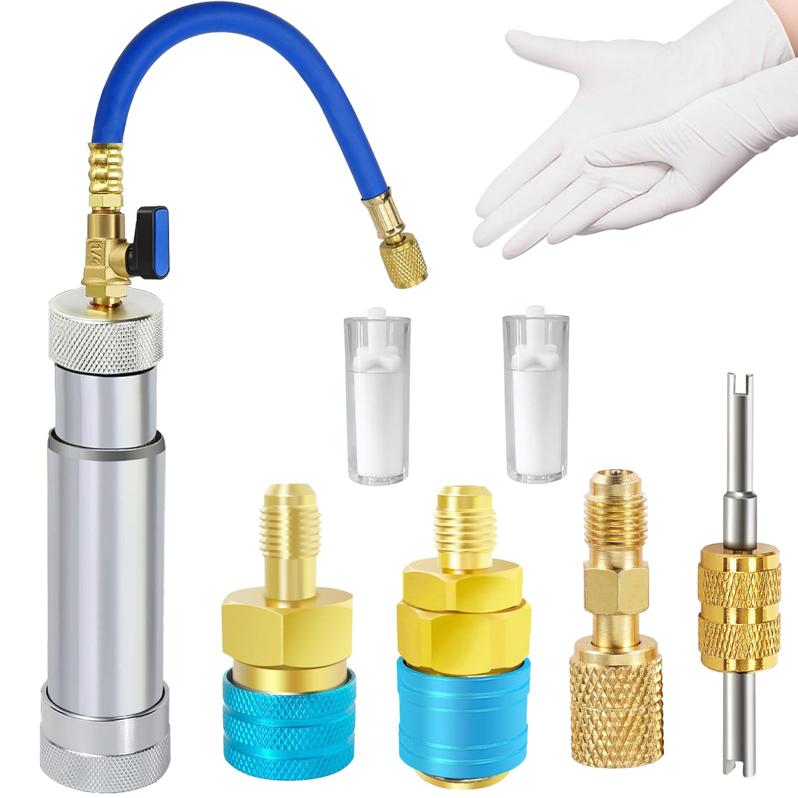 Photo 1 of AC Oil Injector for R1234yf R134a R410a, AC Dye Injector with Shut-Off Valve, 1234yf Dye Injector with Backflow Prevention Function, AC Dye Oil Injector Kit with R1234yf R134a Couplers R410a Adapter