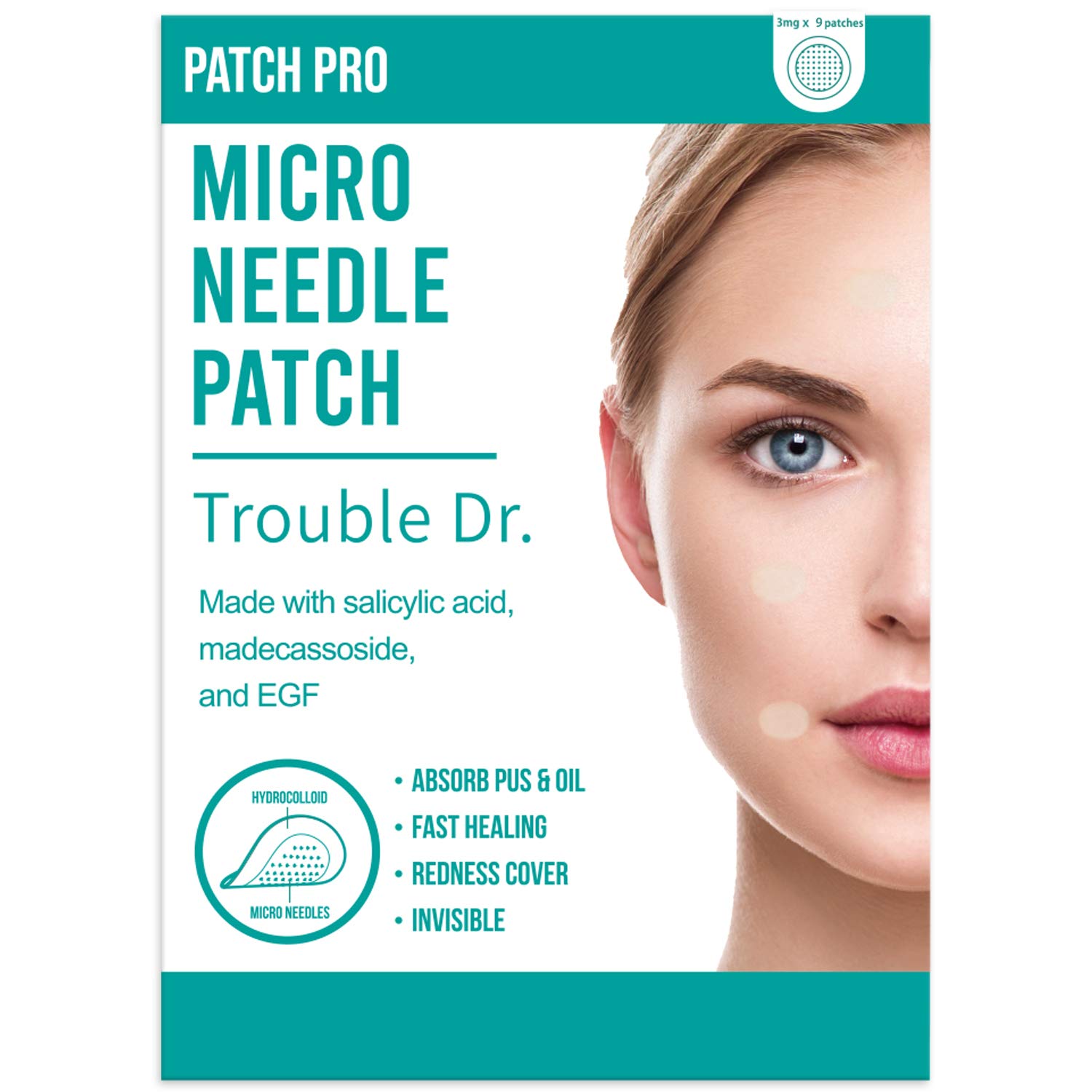 PATCH PRO MICRO NEEDLE PATCH Trouble Dr. 9pcs, microneedle for pimple patches, spot treatment, breakouts, absorb impurities, invisible spot patches, spot stickers, zit stickers for all skin types