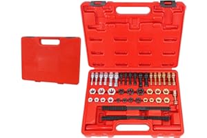 YESHMA 42PCS Universal Thread Chaser Set,Thread Restorer Kit Includes 19 rethreading taps,21 rethreading Dies and 2 SAE Rethread Files,Rethreading Repair Kit with UNF,UNC and Metric Sizes Red