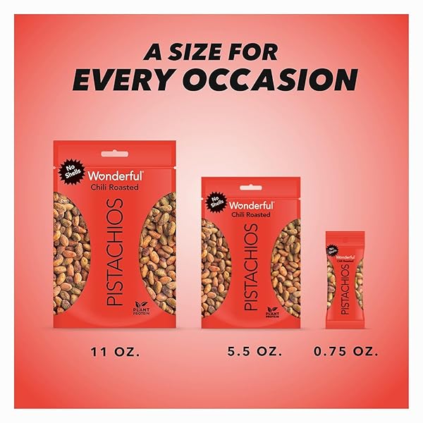 WONDERFUL PISTACHIOS NO SHELLS, CHILI ROASTED NUTS, 5.5 OUNCE RESEALABLE BAG, PROTEIN SNACKS, GLUTEN FREE TRAVEL SNACKS, HEALTHY SNACK