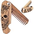 Enjoy The Wood Beard Comb for Men, Folding Pocket Beard Accessories for Men, Engraved Walnut Wooden Comb for Moustache, Beard & Hair - Perfect Gift For Him (Half Skull)