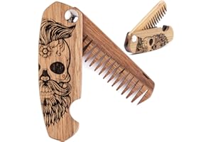 Enjoy The Wood Beard Comb for Men, Folding Pocket Beard Accessories for Men, Engraved Walnut Wooden Comb for Moustache, Beard & Hair For Him (Half Skull)