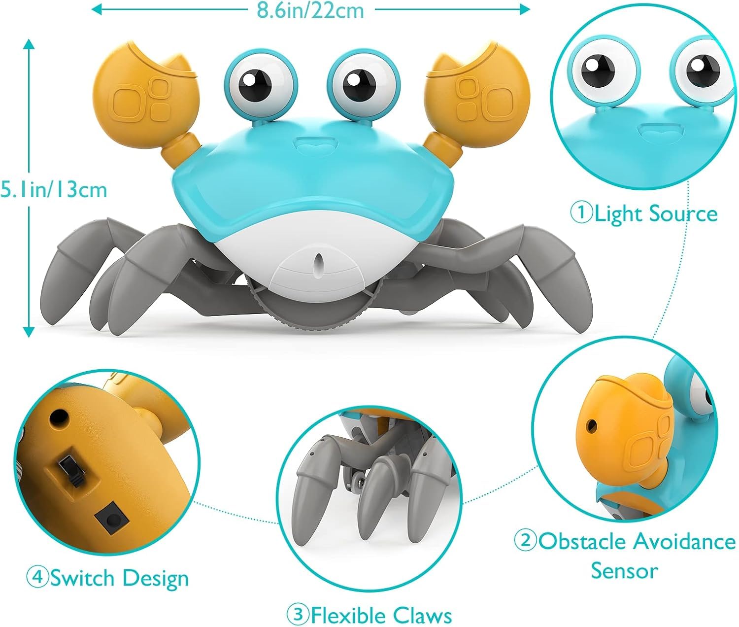 Crawling Crab Baby Toys Upgrade Version - 3 Speed & Music Control, Infant Tummy Time Interactive Walking Toddler Toy for 3 4 5 6 7 8 9 10 11 12 Year Old Boys or Girls (Blue)